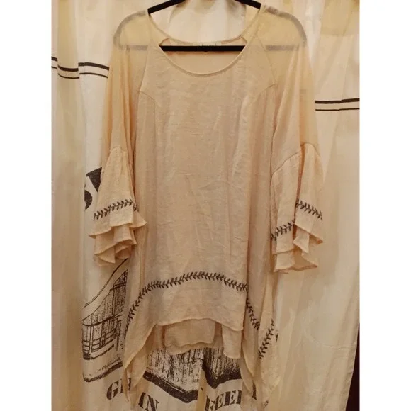Indigo Soul Beige Embroidered Bell Sleeve Tunic Top XL - Picture 1 of 6